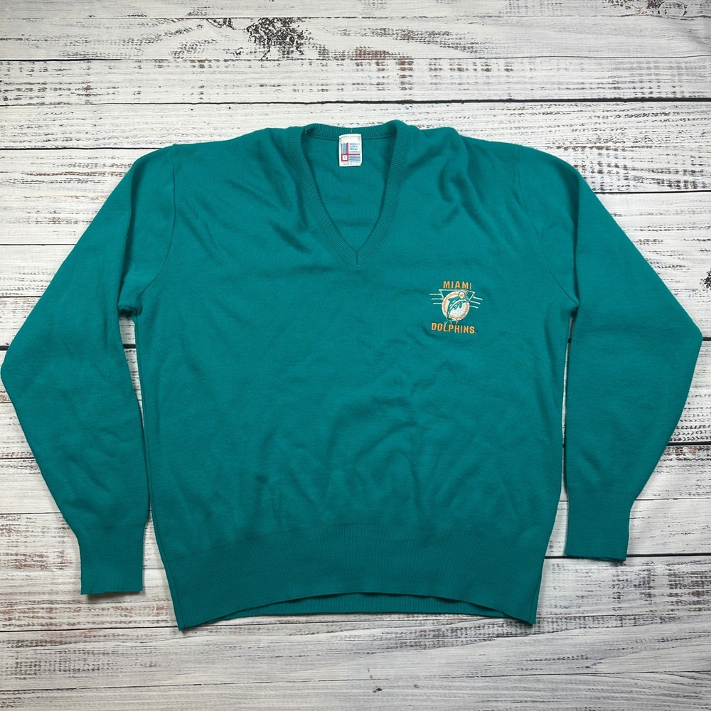 Vintage Garan Sweater Miami Dolphins NFL Throwback Knit V Neck Teal Size XL